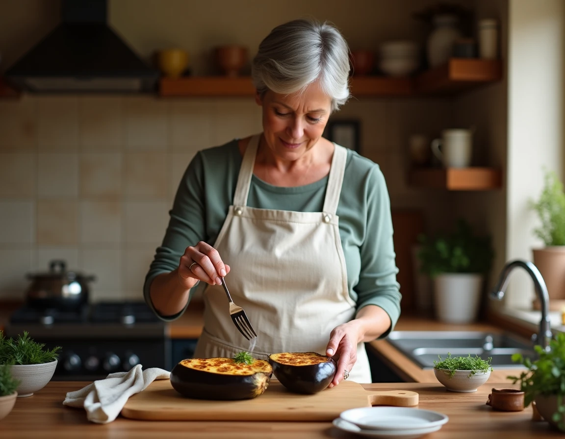 Femme vérifiant la cuisson d'une aubergine rôtie avec une fourchette dans une cuisine méditerranéenne