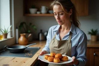 Femme inspectant des beignets d'aubergine frits dans la cuisine
