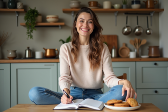 Femme souriante dans la cuisine avec biscuits et carnet