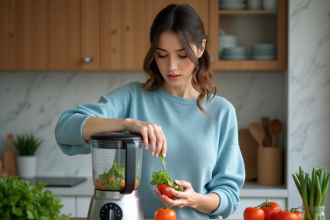 Femme versant des légumes dans un blender moderne en cuisine
