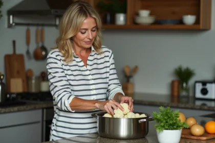 Femme en cuisine plaçant du chou-fleur dans une casserole