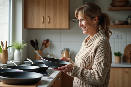 Femme d'âge moyen choisissant une poêle dans une cuisine chaleureuse