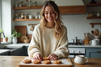 Femme arrangeant des cookies faits maison dans la cuisine