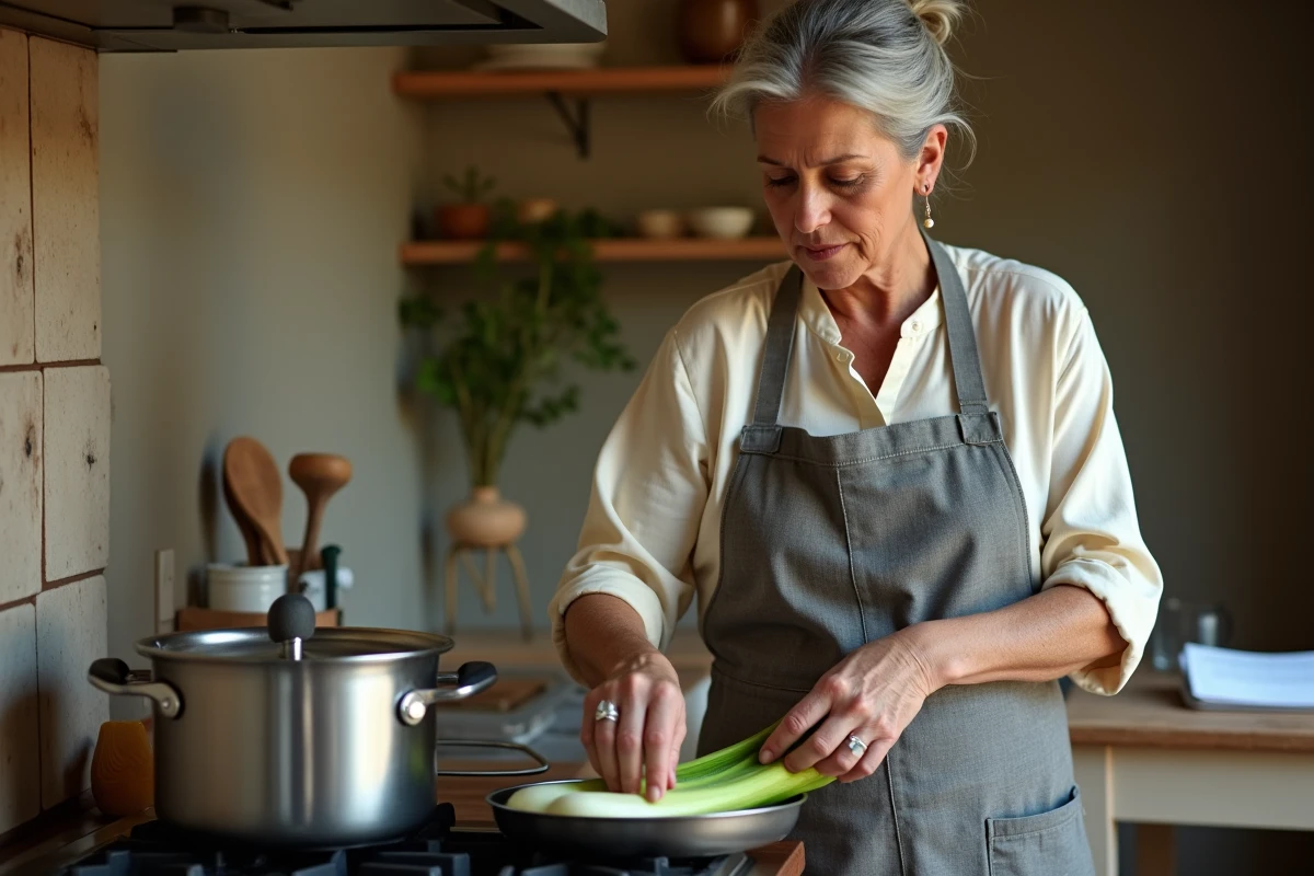 Femme cuisinant des endives dans une cocotte minute sur une gazinière, dans une cuisine de style campagne française