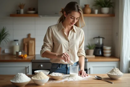 Jeune femme en cuisine mesurant de la farine