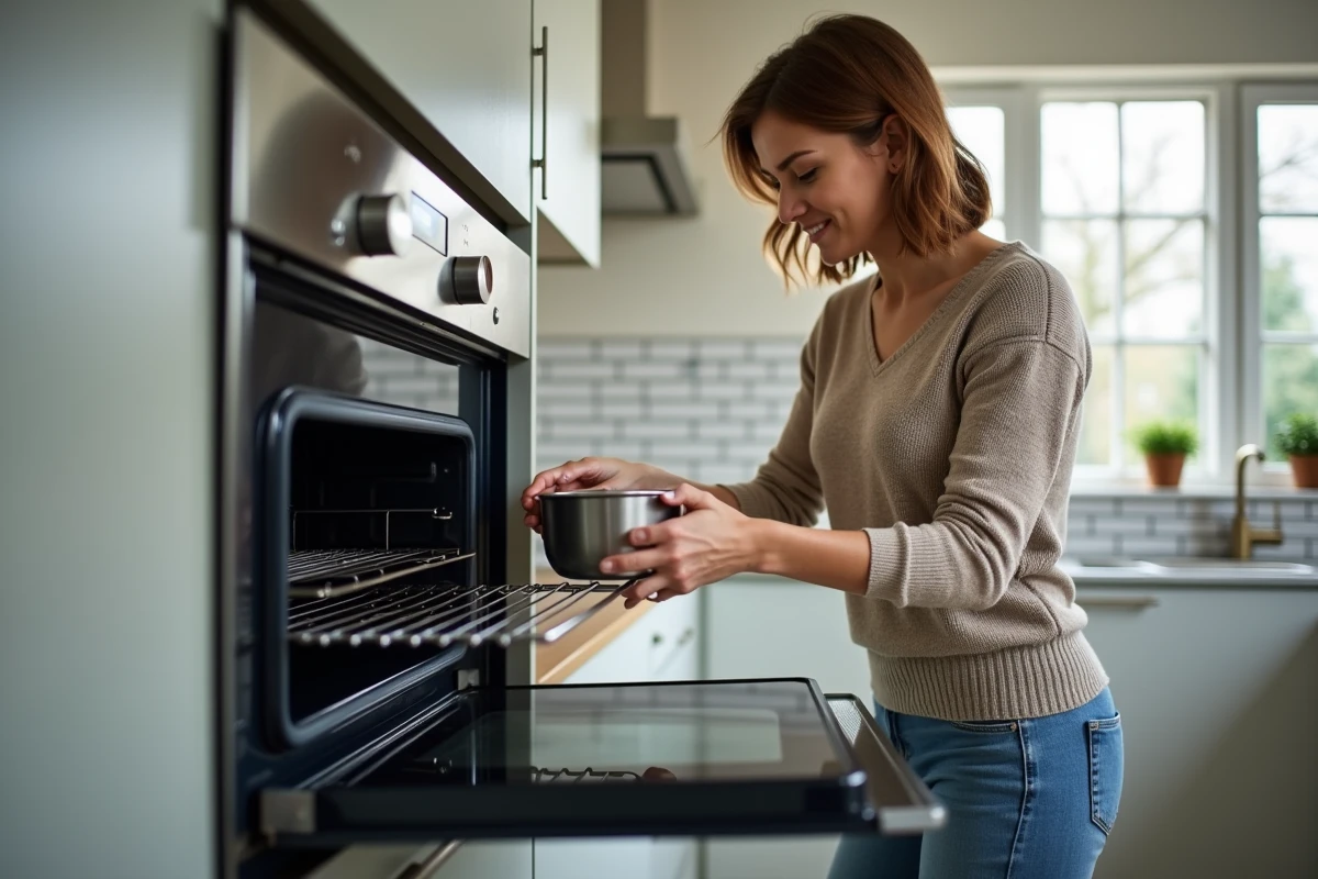 Femme posant un bol d'eau dans un four moderne
