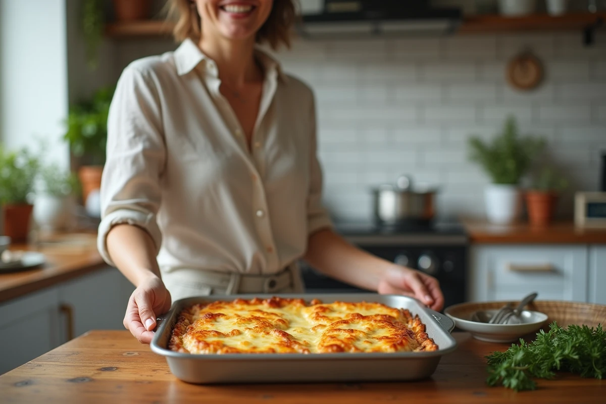Femme souriante préparant un plat de escalopes de poulet gratinées