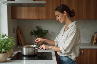 Femme en cuisine avec plaque induction et ambiance chaleureuse