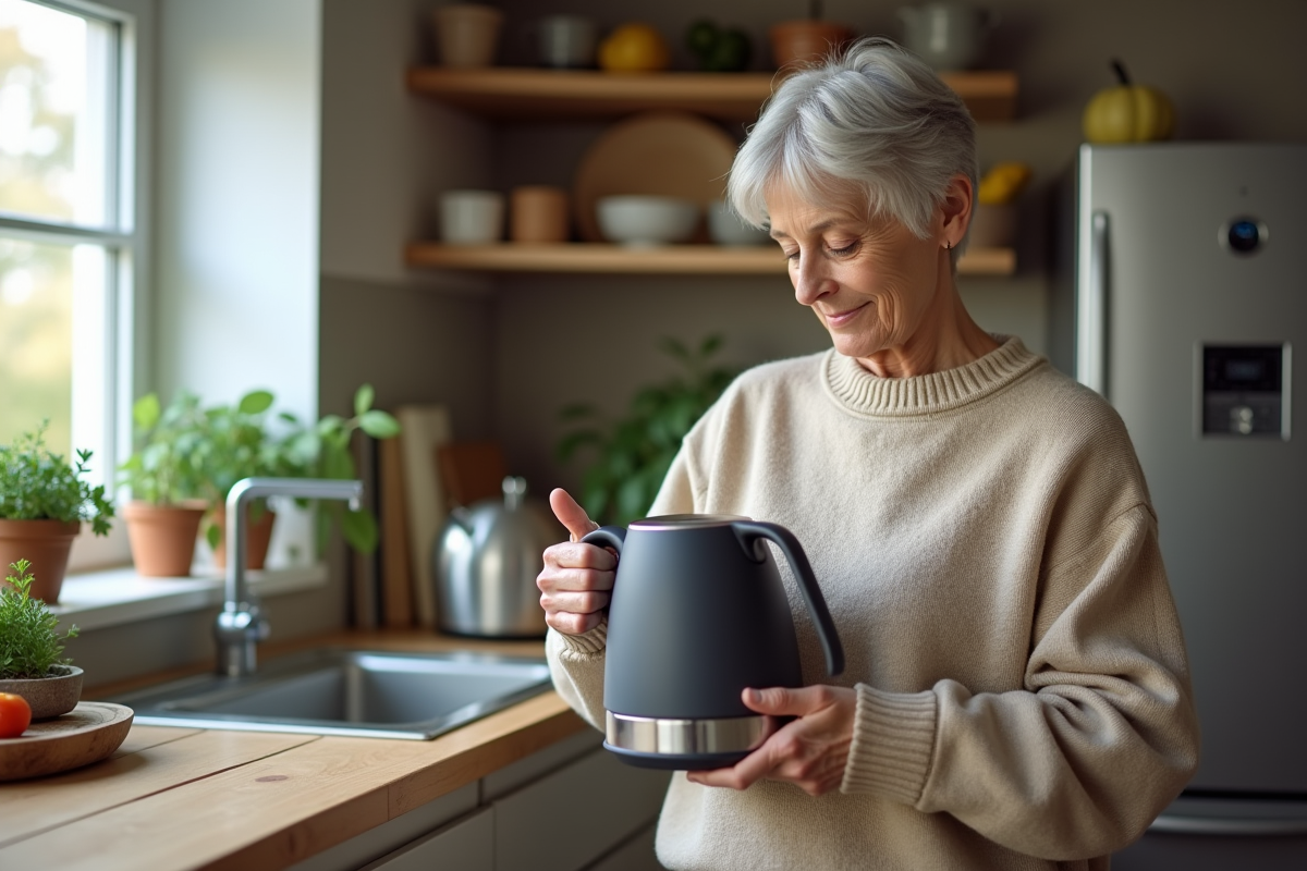 Femme d'âge moyen tenant un bouilloire électrique dans une cuisine chaleureuse