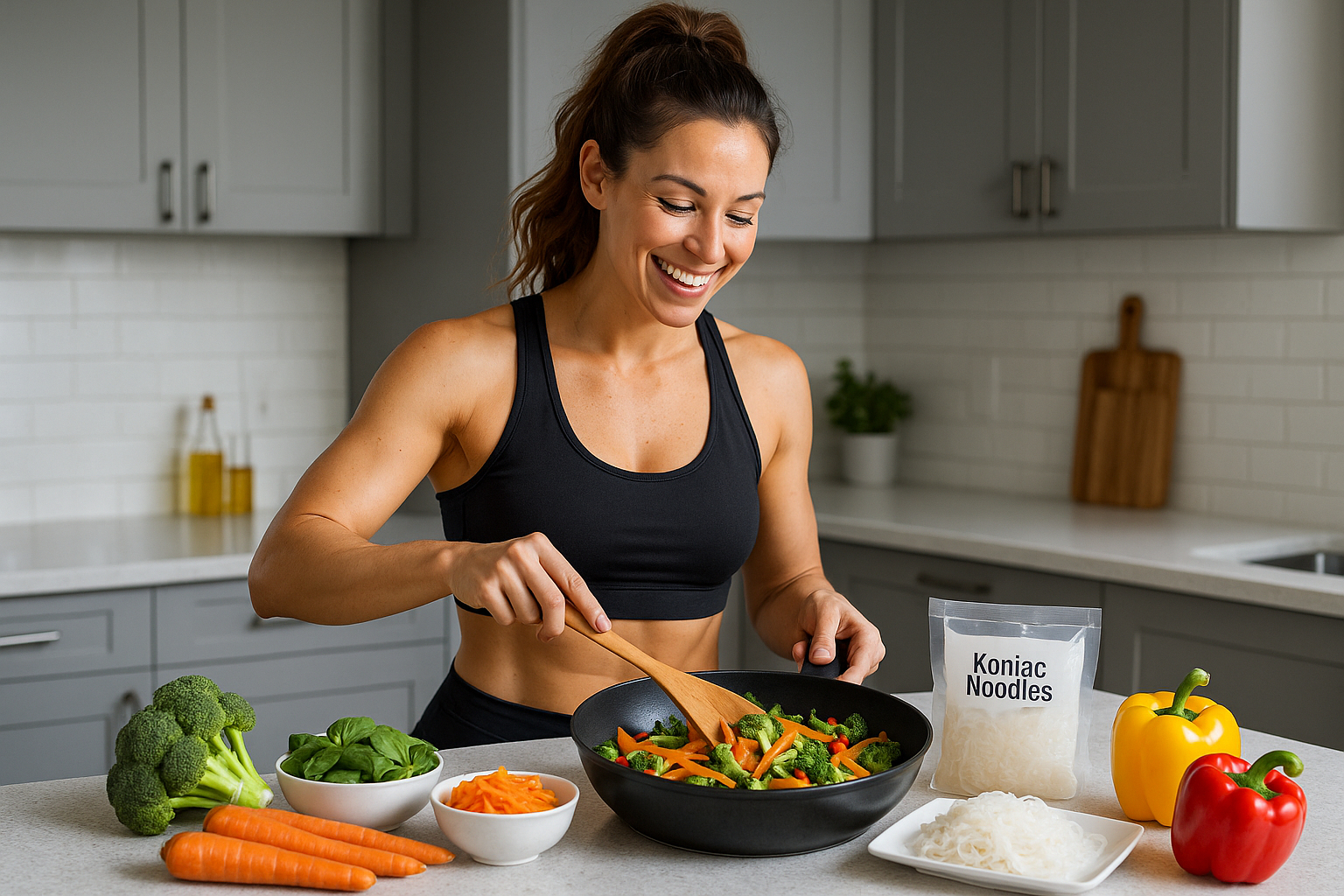 Femme en forme préparant un sauté de konjac et légumes dans une cuisine moderne