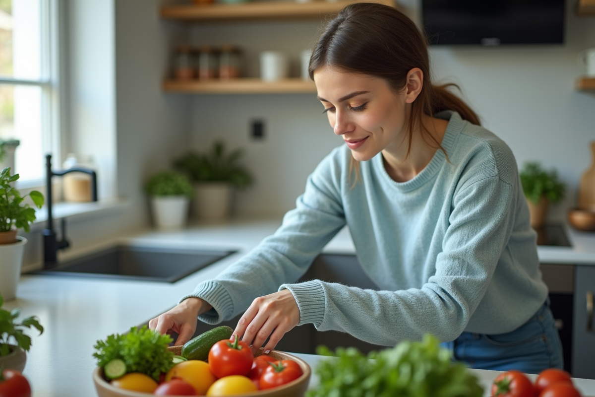 Jeune femme examine des légumes frais dans la cuisine