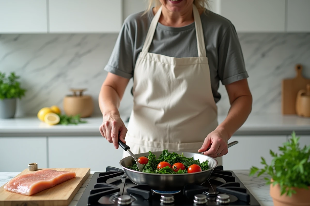 Femme cuisinant des épinards et tomates cerises pour accompagner un filet de poisson blanc