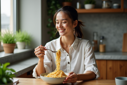 Femme souriante dégustant des pâtes complètes dans la cuisine