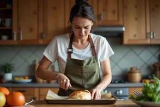 Femme frustrée coupe un poulet sec dans la cuisine