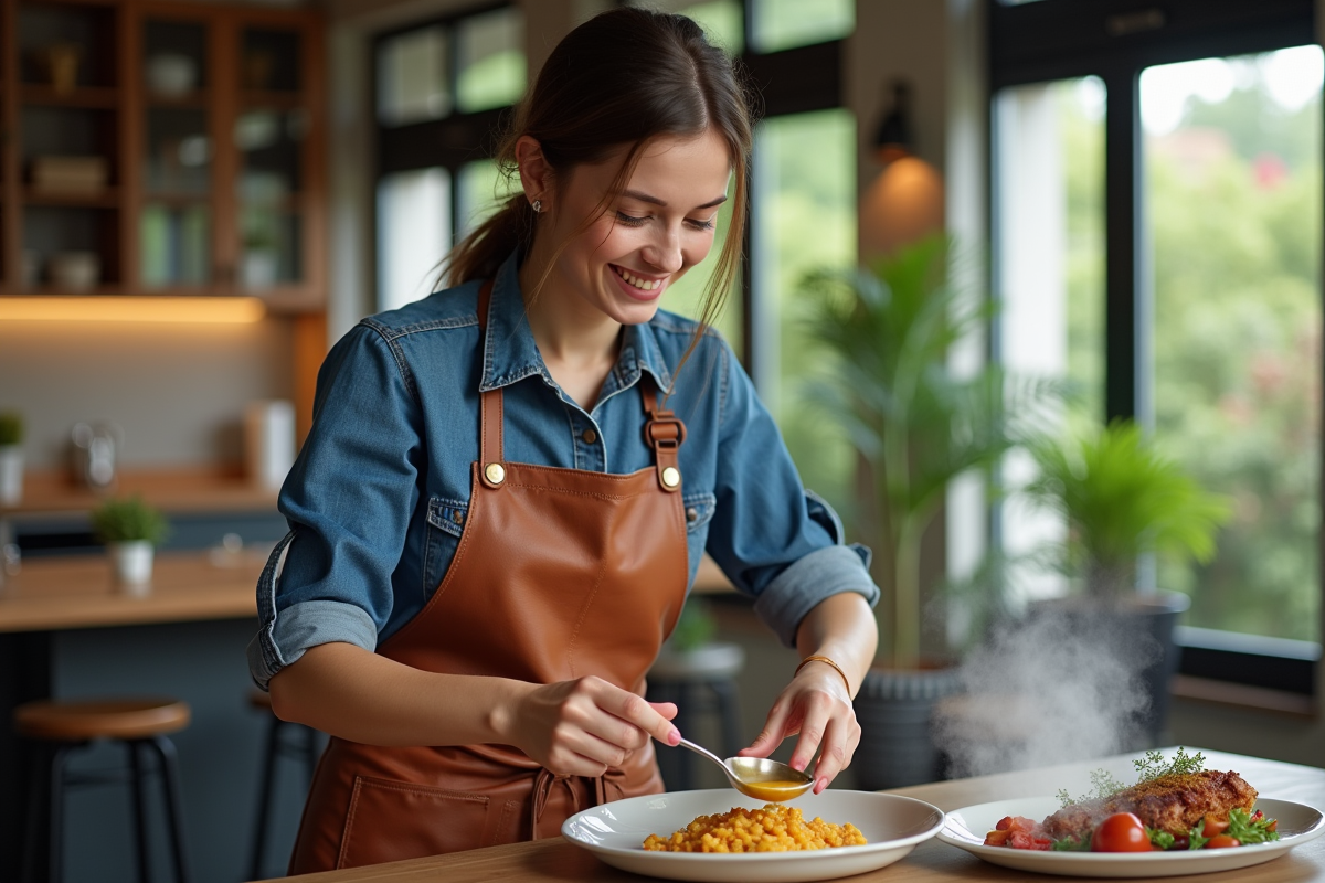 Jeune femme en tablier verse sauce sur plat chaud dans cuisine ouverte