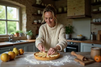 Femme en tricot préparant une tarte aux poires dans une cuisine chaleureuse