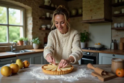 Femme en tricot préparant une tarte aux poires dans une cuisine chaleureuse