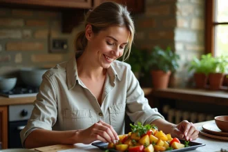 Femme souriante garnissant un plat de légumes rôtis