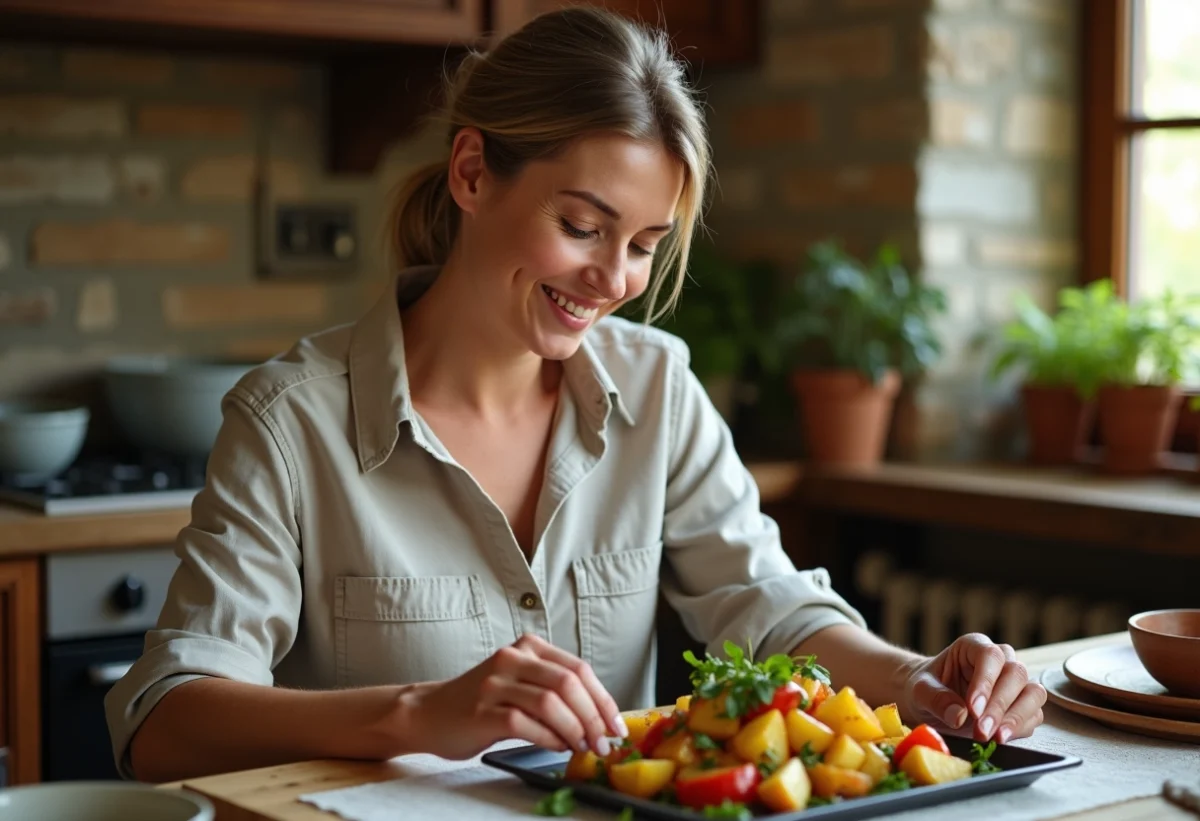 Femme souriante garnissant un plat de légumes rôtis