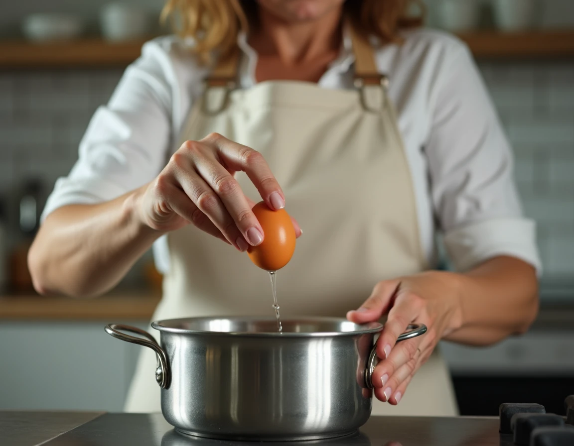 Femme plongeant un oeuf dans l'eau froide pour la cuisson des oeufs durs, geste précis en cuisine