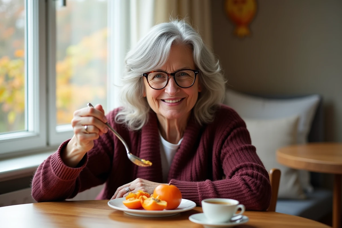 Femme dégustant un kaki en tranches avec une cuillère au petit-déjeuner pour une digestion confortable