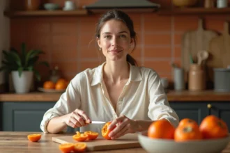 Femme épluchant un kaki mûr à table dans une cuisine rustique pour bien le préparer avant de le manger