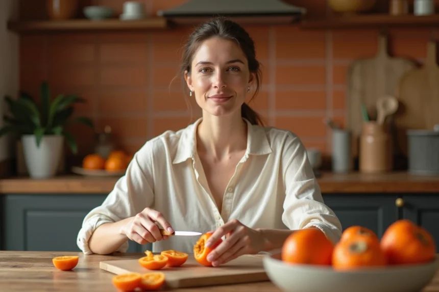 Femme épluchant un kaki mûr à table dans une cuisine rustique pour bien le préparer avant de le manger
