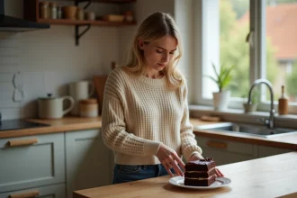 Femme regardant un gâteau au chocolat dans la cuisine