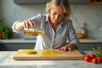Femme versant de l'huile d'olive sur une planche en bois dans la cuisine