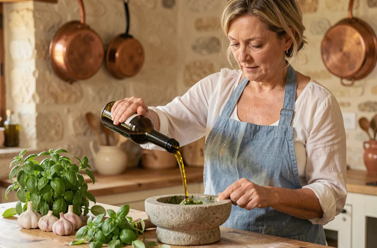 Femme provençale versant de l'huile d'olive dans un mortier pour préparer le pistou