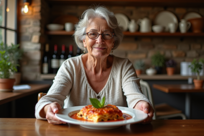 Femme italienne servante une lasagne maison dans une trattoria