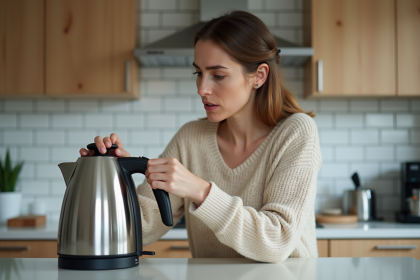 Femme inspectant une bouilloire électrique en cuisine