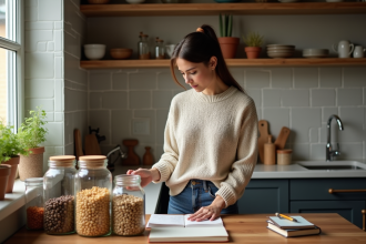 Jeune femme examine des légumineuses dans une cuisine chaleureuse
