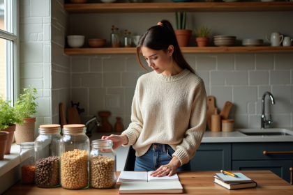 Jeune femme examine des légumineuses dans une cuisine chaleureuse
