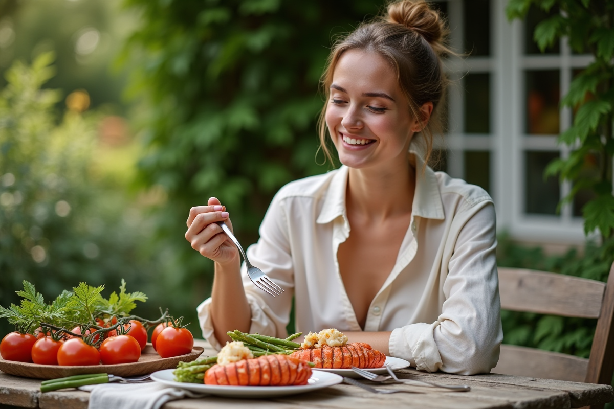Jeune femme dégustant un homard dans un jardin ensoleille