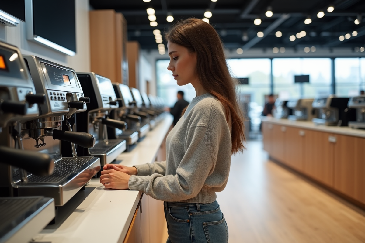 Jeune femme examine une machine à café dans un magasin moderne