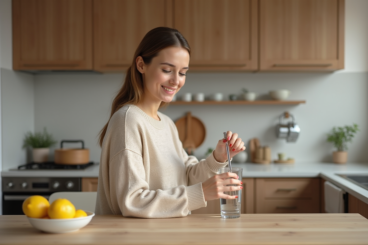 Femme versée de l'eau dans un verre dans une cuisine moderne