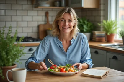 Femme souriante dégustant un repas équilibré dans la cuisine