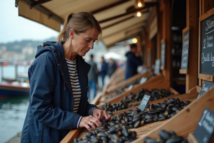 Femme inspectant des moules fraîches au marché côtier