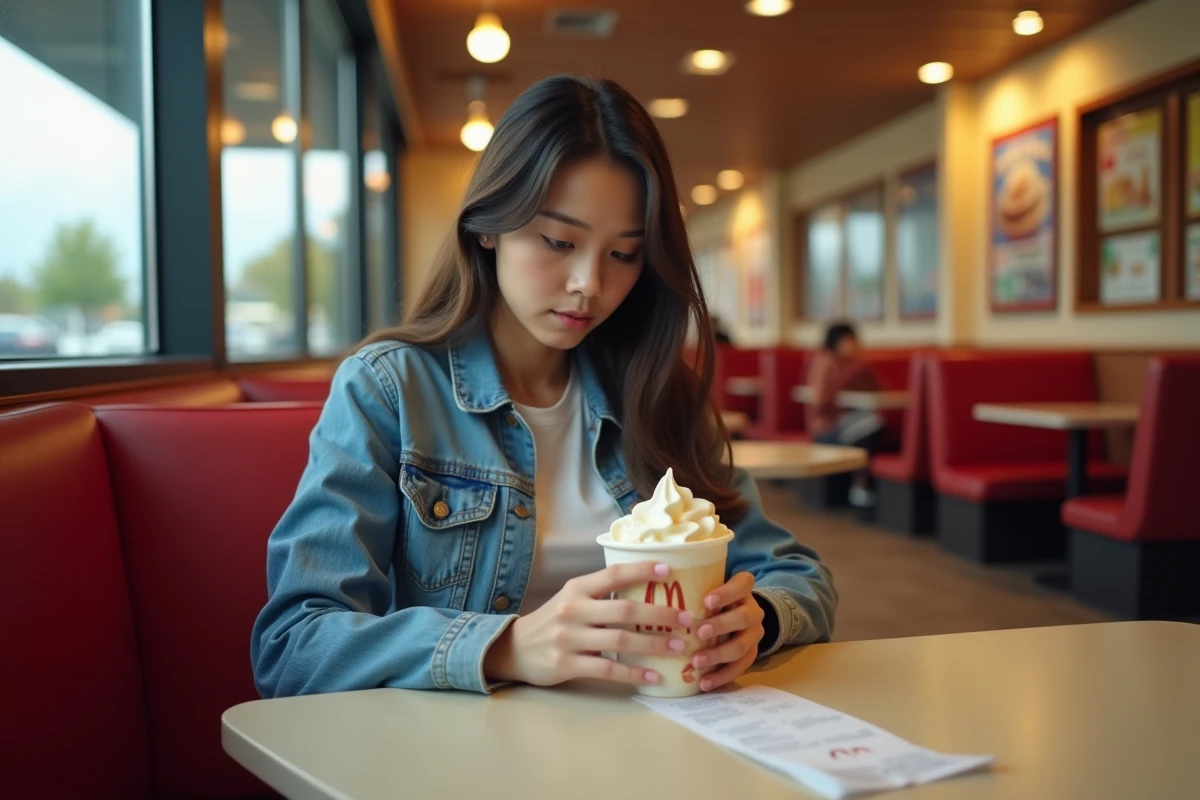 Jeune femme tenant un McFlurry McDonald's dans un restaurant fast food, expression surprise face au prix affiché sur le ticket de caisse