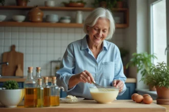 Femme souriante mélangeant mayonnaise dans un bol en cuisine