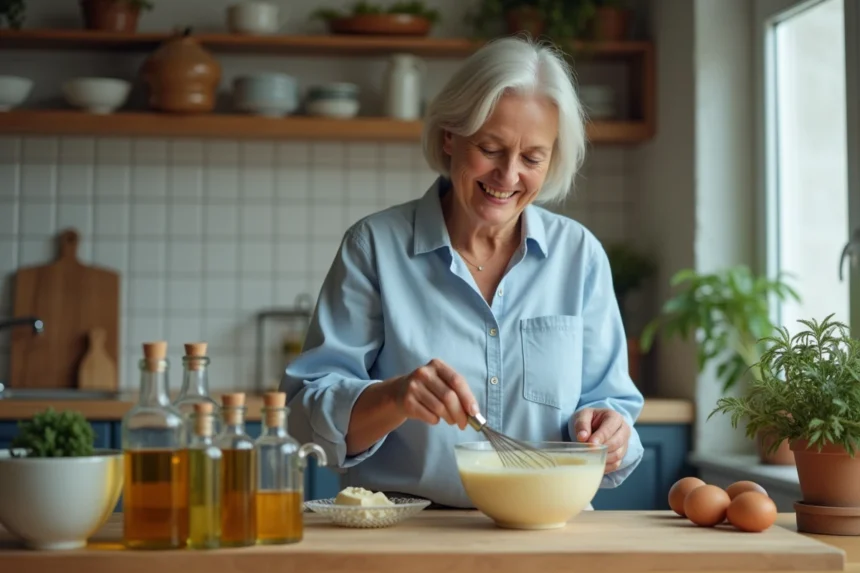 Femme souriante mélangeant mayonnaise dans un bol en cuisine