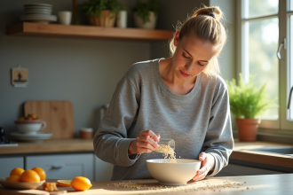 Femme en tenue sportive versant des flocons d'avoine dans un bol dans une cuisine lumineuse