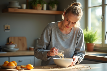 Femme en tenue sportive versant des flocons d'avoine dans un bol dans une cuisine lumineuse