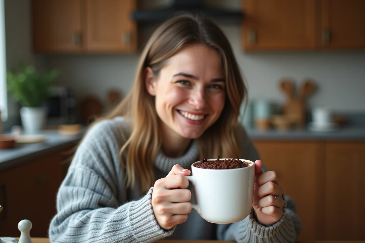 Femme tenant un mug de mugcake au chocolat sans oeuf dans une cuisine chaleureuse, portrait lifestyle ambiance cocooning