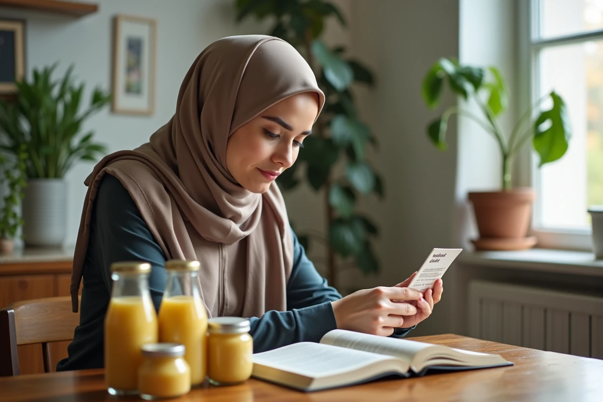 Jeune femme musulmane vérifiant l’étiquette d’une mayonnaise