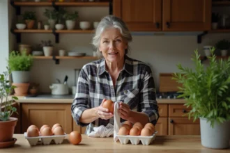 Femme d'âge moyen nettoyant un œuf de ferme dans la cuisine
