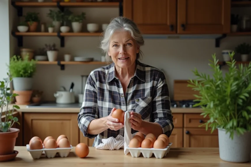 Femme d'âge moyen nettoyant un œuf de ferme dans la cuisine