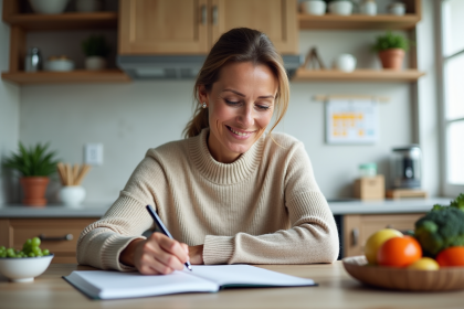 Femme organisée planifiant son repas dans une cuisine lumineuse