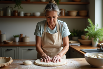 Femme en tablier façonnant du pain rustique dans une cuisine chaleureuse